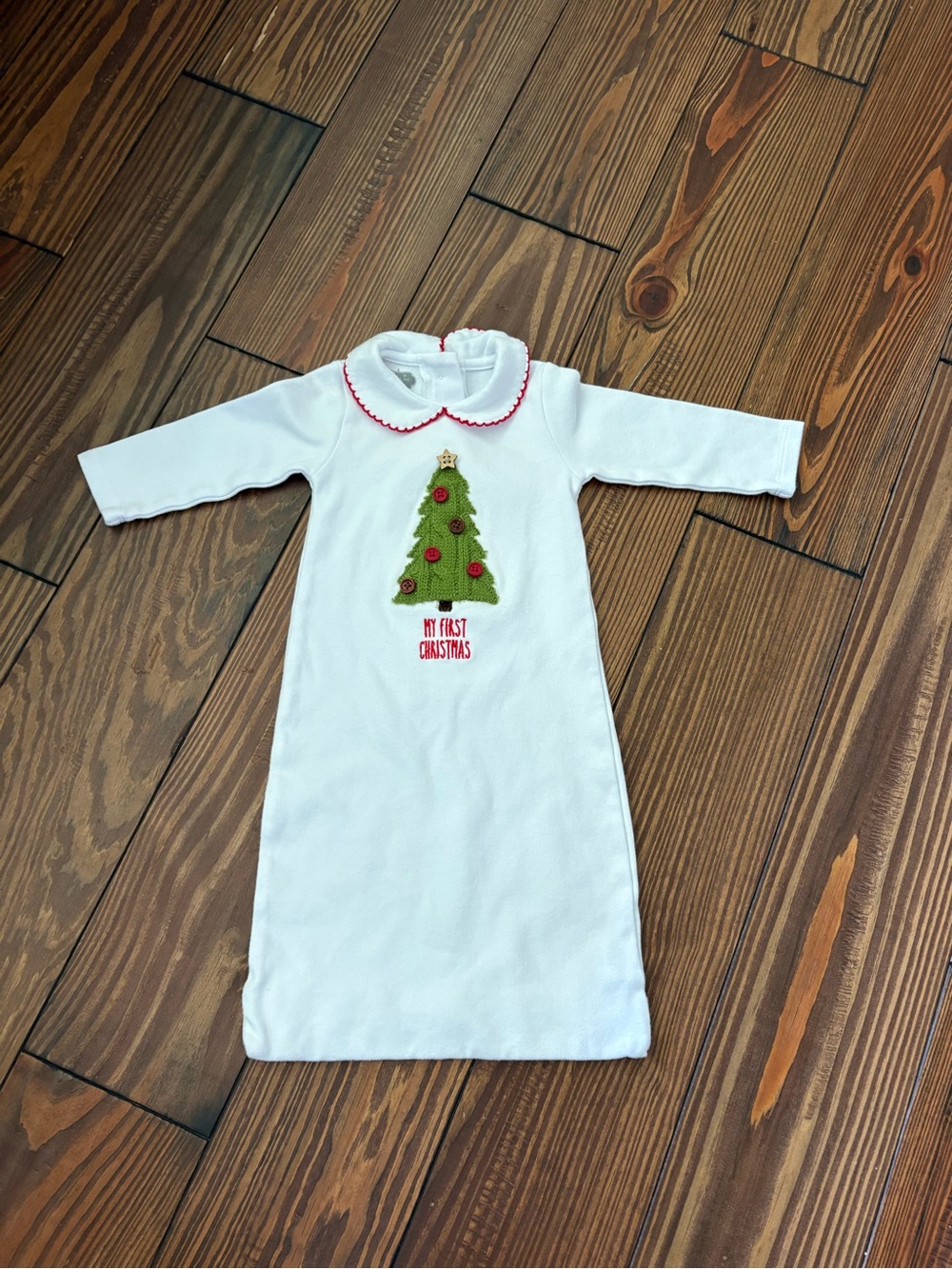 Mud Pie White Baby Christmas Nightgown with Green Tree and Red Trim